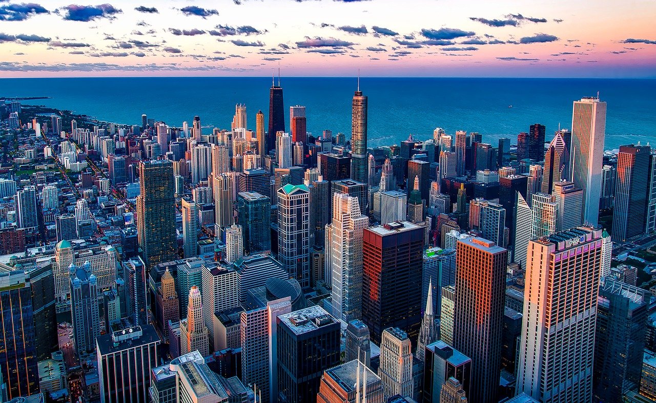 The Chicago skyline over Lake Michigan.