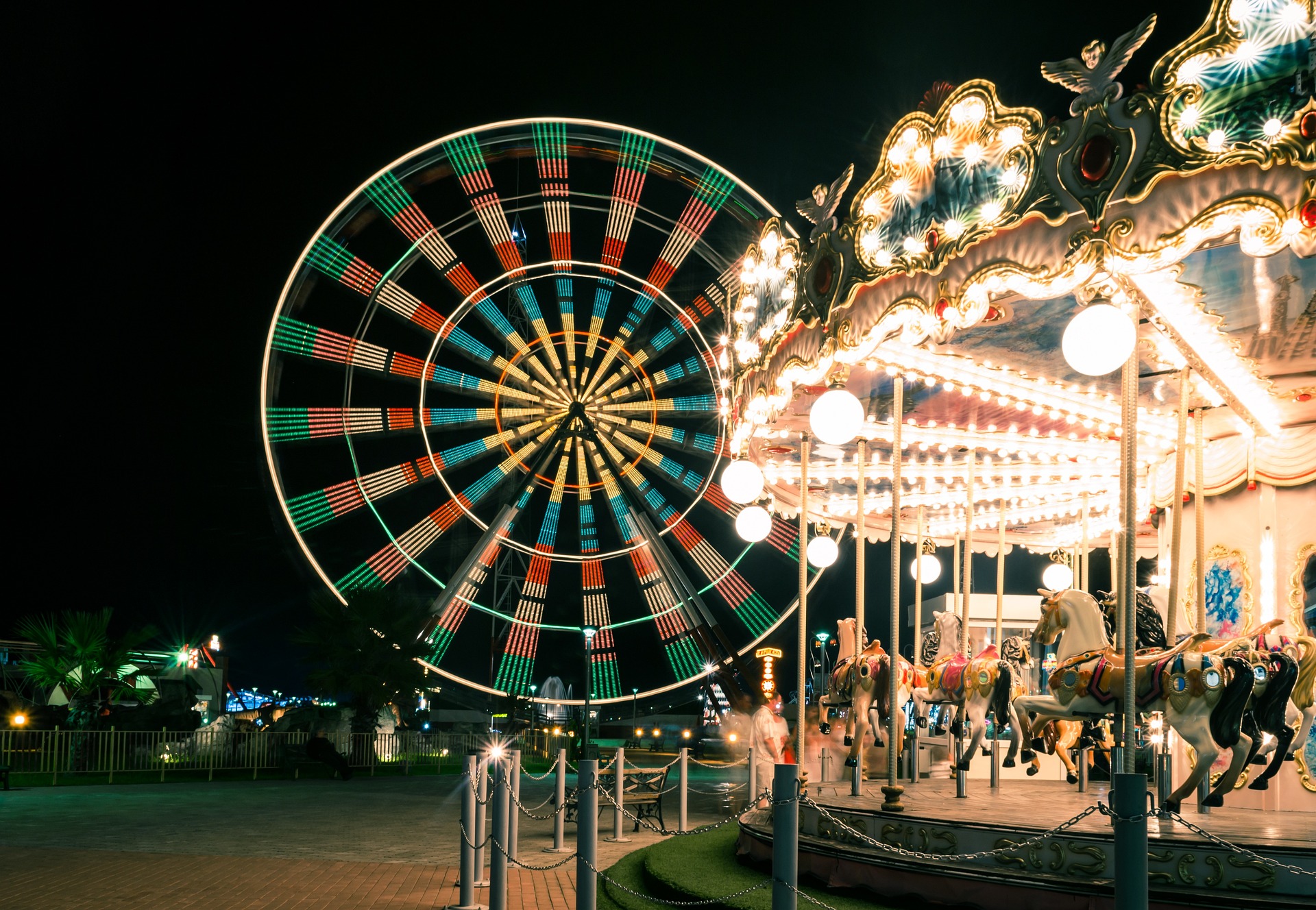 An amusement park at night.